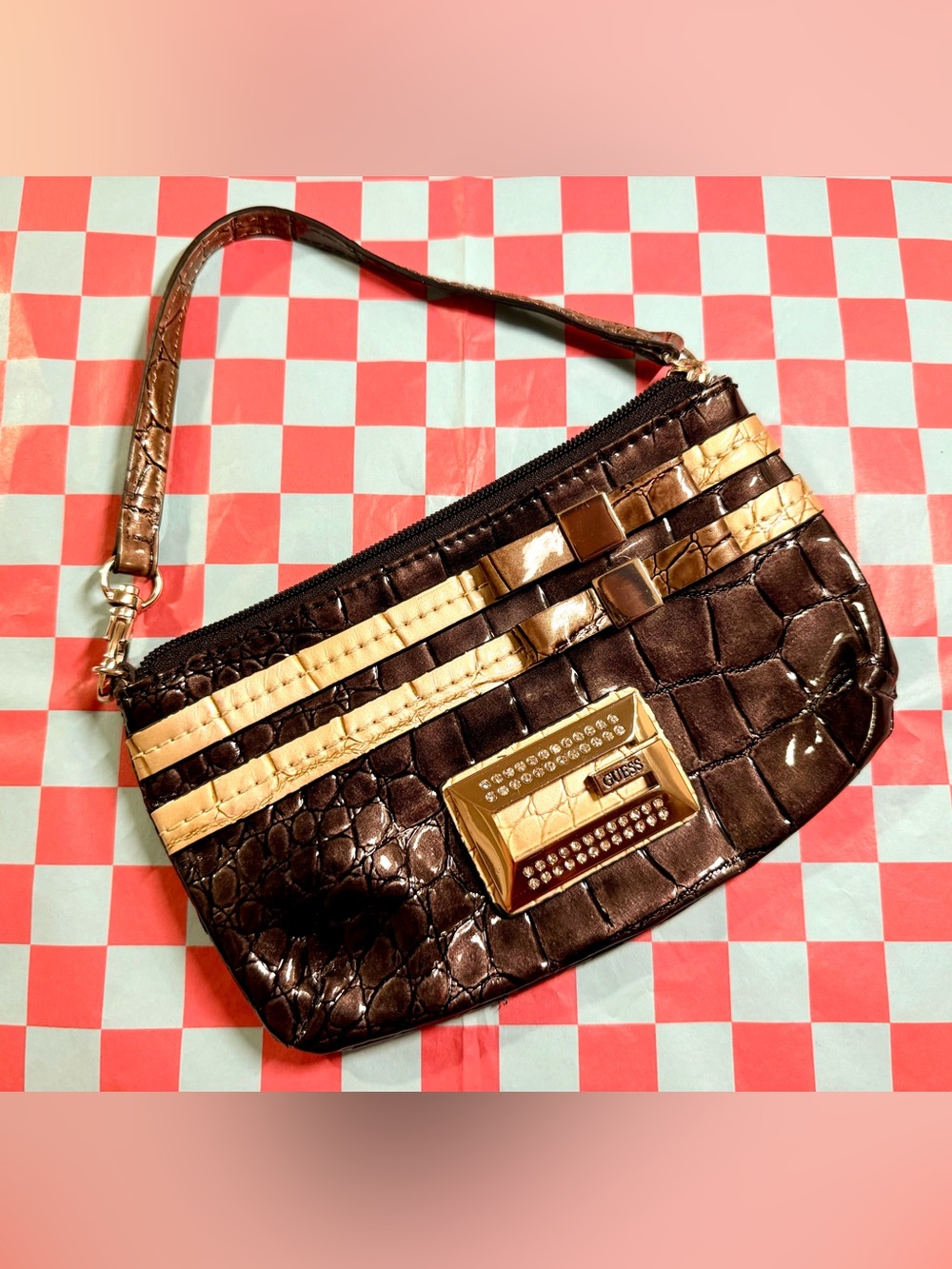 Vintage Y2K GUESS Brown Croc Rhinestone Bow Wristlet Clutch